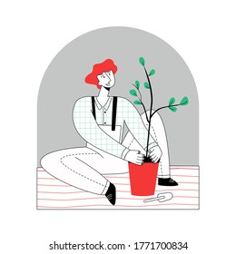 Vector flat illustration young man who is transplanting plant, tree. Concept gardening, care of home plants. You can use it in web design, banners, landing pages, postcards, etc. Square format.