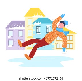 Vector flat illustration with young man who falls on slippery ice. Concept of public services, winter hazards, ice, fractures, injuries, inattention, wrong shoes. Square format.