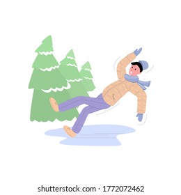Vector flat illustration with young man who falls on slippery ice. Concept of public services, winter hazards, ice, fractures, injuries, inattention, wrong shoes. Square format.