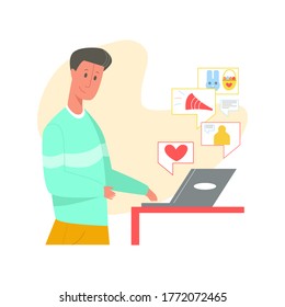Vector flat illustration with young man who communicates and works on laptop, over Internet. Concept social networks, training, remote work, online communication. Square format. Web design, banners.