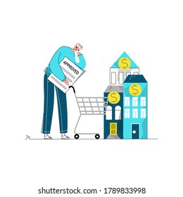 Vector flat illustration with young man who has received approval for mortgage and chooses house or apartment to buy. Concept mortgage, loan, investment, home selection, purchase.