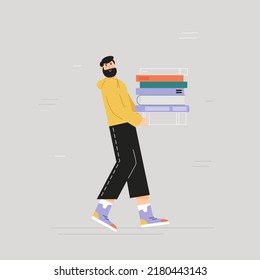 Vector flat illustration with young man carrying pile of books.