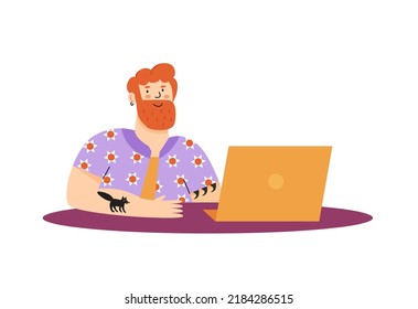 Vector flat illustration with young man working with his laptop.