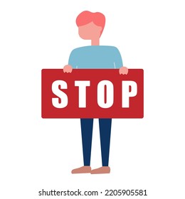 Vector flat illustration of young man hands holding red rectangle sign banner with message STOP for Stop doing smoking, stop child abuse, stop traffic sign, racist design for design graphic resource