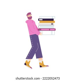Vector flat illustration with young man carrying pile of books. Modern male character isolated on white background.