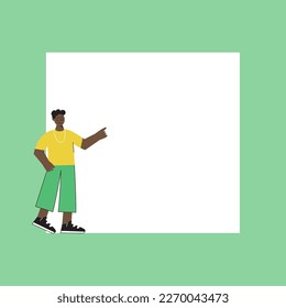 Vector flat illustration with young man standing near big empty paper sheet. Man sowing at blank banner for advertising. Flat character isolated on green background.