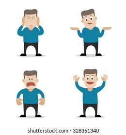 Vector flat illustration of young man in four different poses and emotions - angry, shrugging, ignoring and cheering. Cartoon character in trendy design on isolated background.