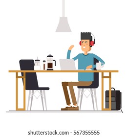 Vector flat illustration of young man sitting at the coffee house with laptop. Young male character freelance sitting in a coffee shop and working on laptop.