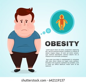 Vector flat illustration young man character with a obesity infographic icon. excess weight problem, fat, health care, unhealthy lifestyle concept design