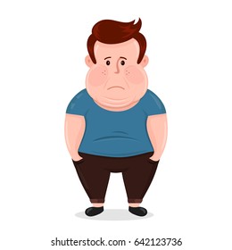 Vector flat illustration young man character with a obesity icon. excess weight problem, fat, health care, unhealthy lifestyle concept design. Isolated on white background