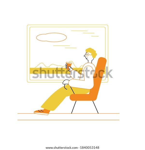 Vector flat illustration of a young man\
travelling by train with a cup of\
coffee.