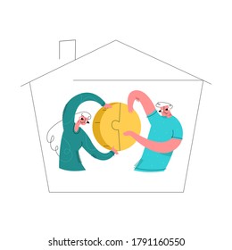Vector flat illustration young married couple in abstract house holding coin in form of puzzle that is divided half. Concept maintaining family budget, investing funds equally, and partnerships.