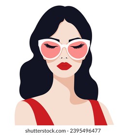 Vector flat illustration, young naive girl with closed eyes wearing pink glasses. The concept of ideologism and illusory perception.
