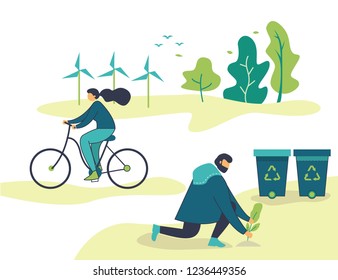 Vector Flat Illustration, Young People Go Green, Plant Tree, Cycle, Saving The Planet, World Environment Day, Bio Technology, A Green City Flat Simple