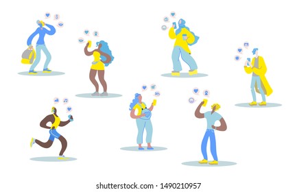 Vector flat illustration with young people with a device. Modern women and men use a mobile device. Concept of modern young people use their smartphones