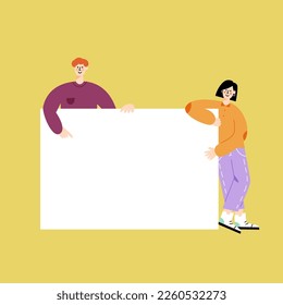 Vector flat illustration with young people standing near big empty paper sheet. Blank banner for advertising. Flat characters isolated on yellow background.