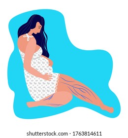 Vector flat illustration young pregnant woman who has varicose veins on her legs. Concept treatment of varicose veins during pregnancy, vascular surgery, phlebology, compression stockings.