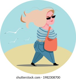 Vector Flat Illustration Of Young Pretty Chubby Woman Walking On The Beach