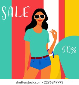 Ilustración vectorial plana, joven guapa mujer con paquetes en sus manos, de compras. Cartel a la venta, descuento, mensaje publicitario. El texto puede cambiarse a cualquier otro.
