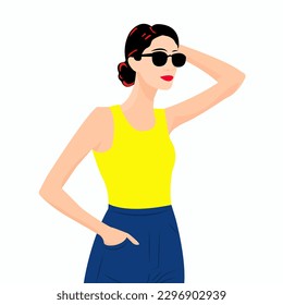 Ilustración vectorial plana, jovencita linda con gafas de sol aislada en fondo blanco