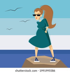 ilustración plana vectorial de una joven mujer sexy parada en la piedra y posando. mar y cielo como telón de fondo