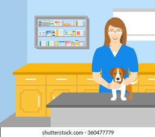Vector flat illustration of young smiling woman veterinarian holding a dog at the table in veterinary office. Pets health care horizontal banner. Cartoon concept