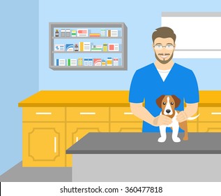 Vector flat illustration of young smiling man veterinarian holding a dog at the table in veterinary office. Pets health care horizontal banner. Cartoon concept