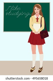 Vector flat illustration of young student girl in classroom on the background of blackboard. 