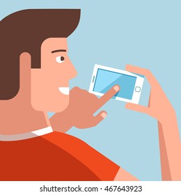 Vector flat illustration of young urban man with a phone in her hands, and modern clothes. Teenager talking on the phone or write a message background