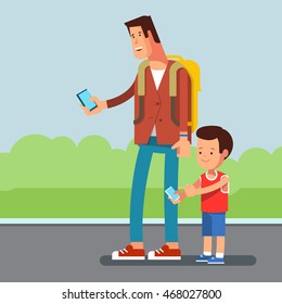 Vector flat illustration of young urban people teenager man kid talking on phone or write a message, playing city street popular video game smartphone background.