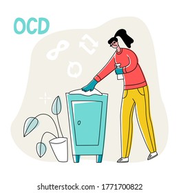 Vector flat illustration young woman who is cleaning, wiping bedside table. Symbols for repeat and infinity are shown on top. Concept obsessive compulsive disorder or OCD.
