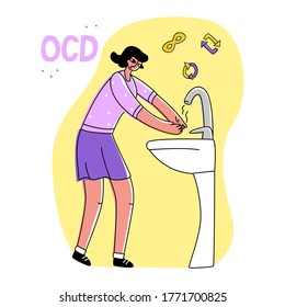 Ilustración vectorial plana, joven mujer lavándose las manos. La repetición de los símbolos y el infinito se muestran en la parte superior. Concepto de trastorno obsesivo-compulsivo o trastorno OCD, enfermedad mental. Formato cuadrado. 