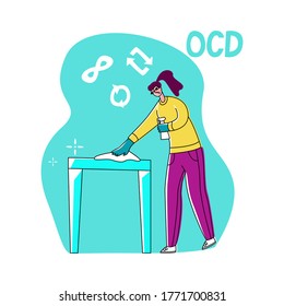 Ilustración vectorial plana de una joven que está limpiando, limpiando la mesa. Los símbolos para repetición e infinito se muestran en la parte superior. Concepto de trastorno obsesivo compulsivo u OCD.