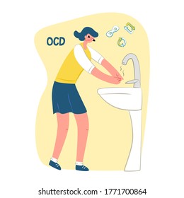 Ilustración vectorial plana, joven mujer lavándose las manos. La repetición de los símbolos y el infinito se muestran en la parte superior. Concepto de trastorno obsesivo-compulsivo o trastorno OCD, enfermedad mental. Formato cuadrado. 