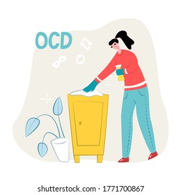 Ilustración vectorial plana de una joven que está limpiando, limpiando la mesita de noche. Los símbolos para repetición e infinito se muestran en la parte superior. Concepto de trastorno obsesivo compulsivo u OCD.