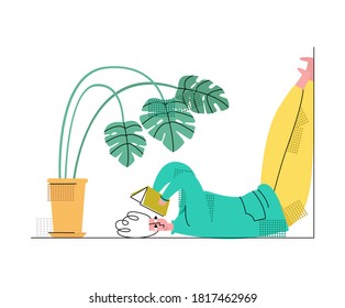 Vector flat illustration with young woman lying upside down and reading book. Concept recreation, reading, comfort, learning. It can be used in web design, banners, cliparts, social networks, etc.