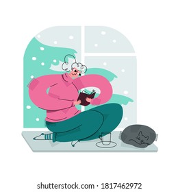 Vector flat illustration with young woman sitting on windowsill against background of winter snow. Concept leisure, comfort, reading, learning. It can be used in web design, banners, etc.