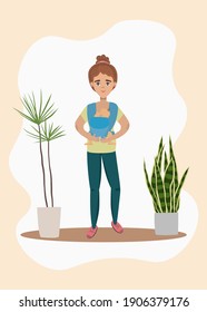 A vector flat illustration of a young woman with a baby in her hands. A banner, brochure, poster for medical projects, journals, websites, blogging. 