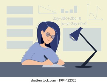 vector flat illustration of young woman studying. writing something. preparing for exams. passes exams