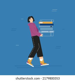 Vector flat illustration with young woman carrying pile of books.
