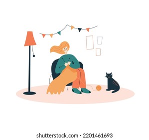 Ilustración vectorial plana con mujer joven tejiendo en casa. 