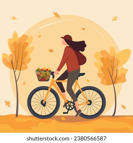 Vector flat illustration, a young woman in comfortable clothes rides a bicycle in the autumn park.