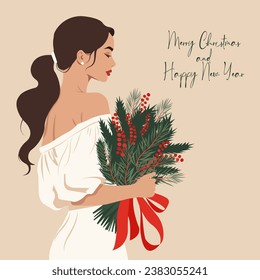 Vector flat illustration, a young woman in a dress with an open shoulder holds in her hand a bouquet of fir branches and red berries. Template for greeting Christmas card, social media post and more.
