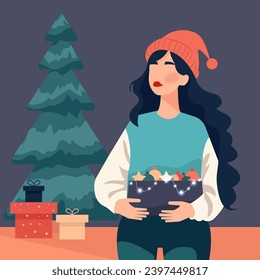 Vector flat illustration, young woman decorating a tree for Christmas.	