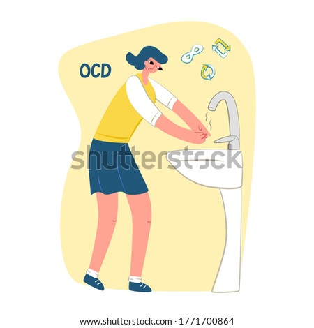 Vector flat illustration young woman washing her hands. Symbols repetition and infinity are shown on top. Concept obsessive-compulsive disorder or OCD, mental illness.Square format. 