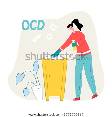 Vector flat illustration young woman who is cleaning, wiping bedside table. Symbols for repeat and infinity are shown on top. Concept obsessive compulsive disorder or OCD.