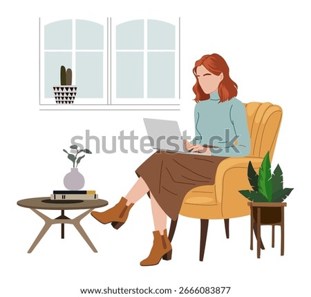 Vector flat illustration of a young woman in casual clothes sitting in an armchair, working on a laptop in a cozy home interior with plants, books, and coffee table, isolated.
