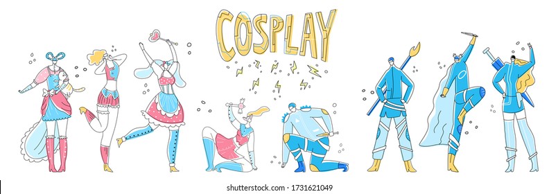 Vector flat illustration young women and men dressed up as superheroes who fight against background of lettering cosplay. Concept costume, role playing games, fan clubs, entertainment, creativity.