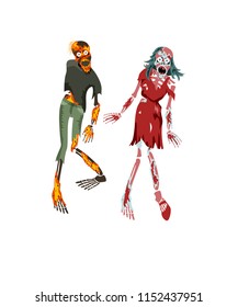 Vector flat illustration of zombies. Freaky man and woman characters