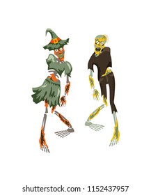 Vector flat illustration of zombies. Freaky man and woman characters